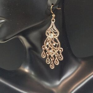 Filigree Earrings Teardrop Rhinestones In Gilded Brass Fashion Pierced